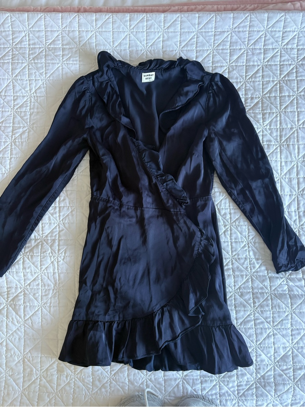 Sunday Best Navy Satin Ruffle Wrap dress